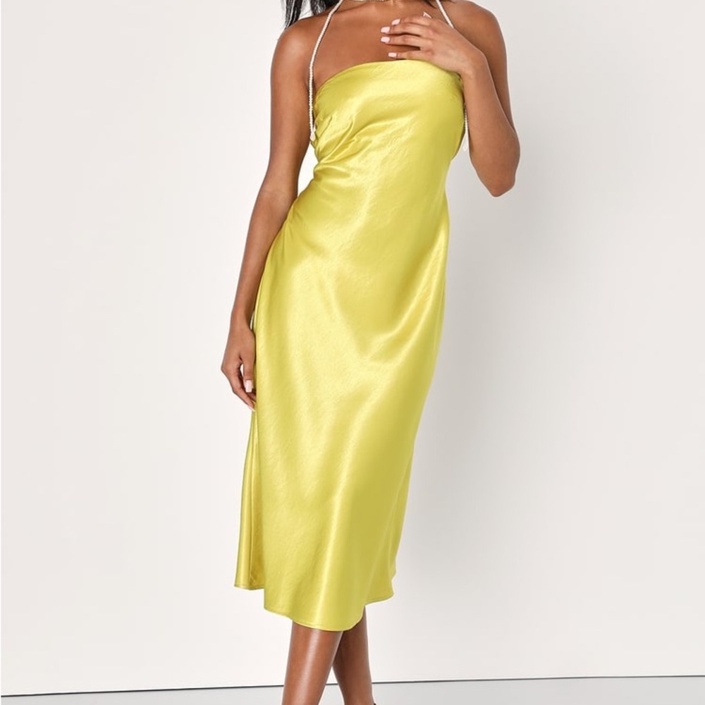 Lulus Idyllic Nights Chartreuse Satin Strapless Cowl Back Midi Dress sz M NWT